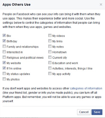 Facebook app settings
