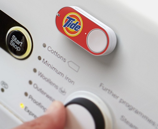 Amazon Dash Button for Tide detergent mounted on a washing machine