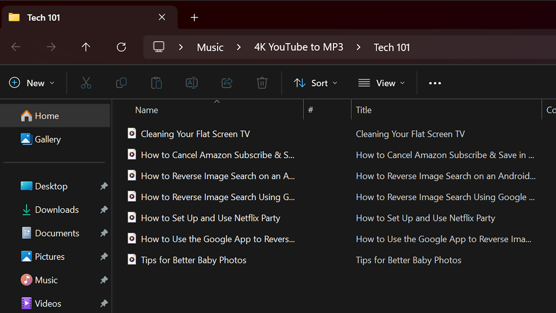 file explorer screen showing videos organized by 4k YouTube to MP3 into a single folder