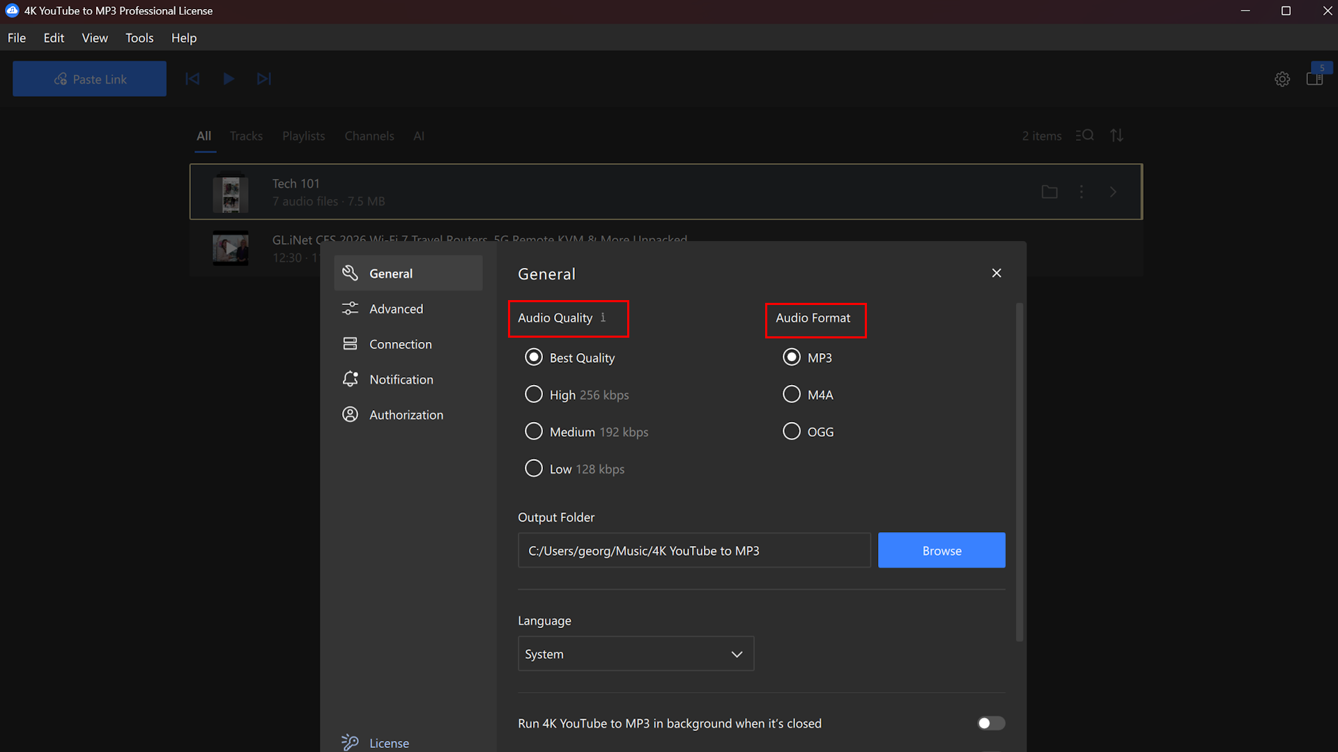 MP3 download quality settings, Best, high, medium, and low, and audio format settings, MP3, M4A, and OGG