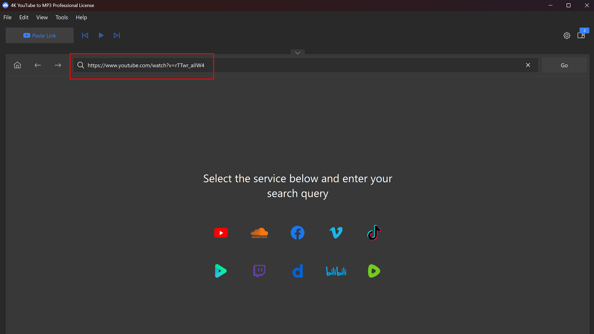 4K YouTube to MP3 screen showing ability to download from multiple sources, including YouTube, Vimeo, Tiktok, facebook, Soundcloud, Spotify