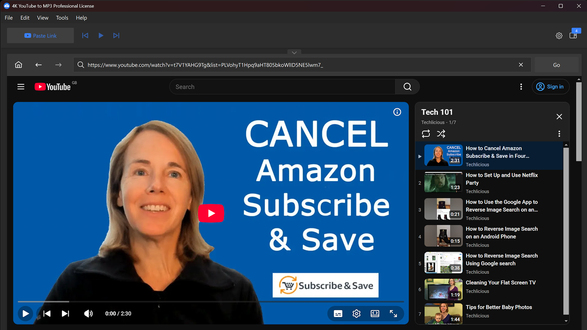 Showing option to download an entire playlist from the Techlicious YouTube channel