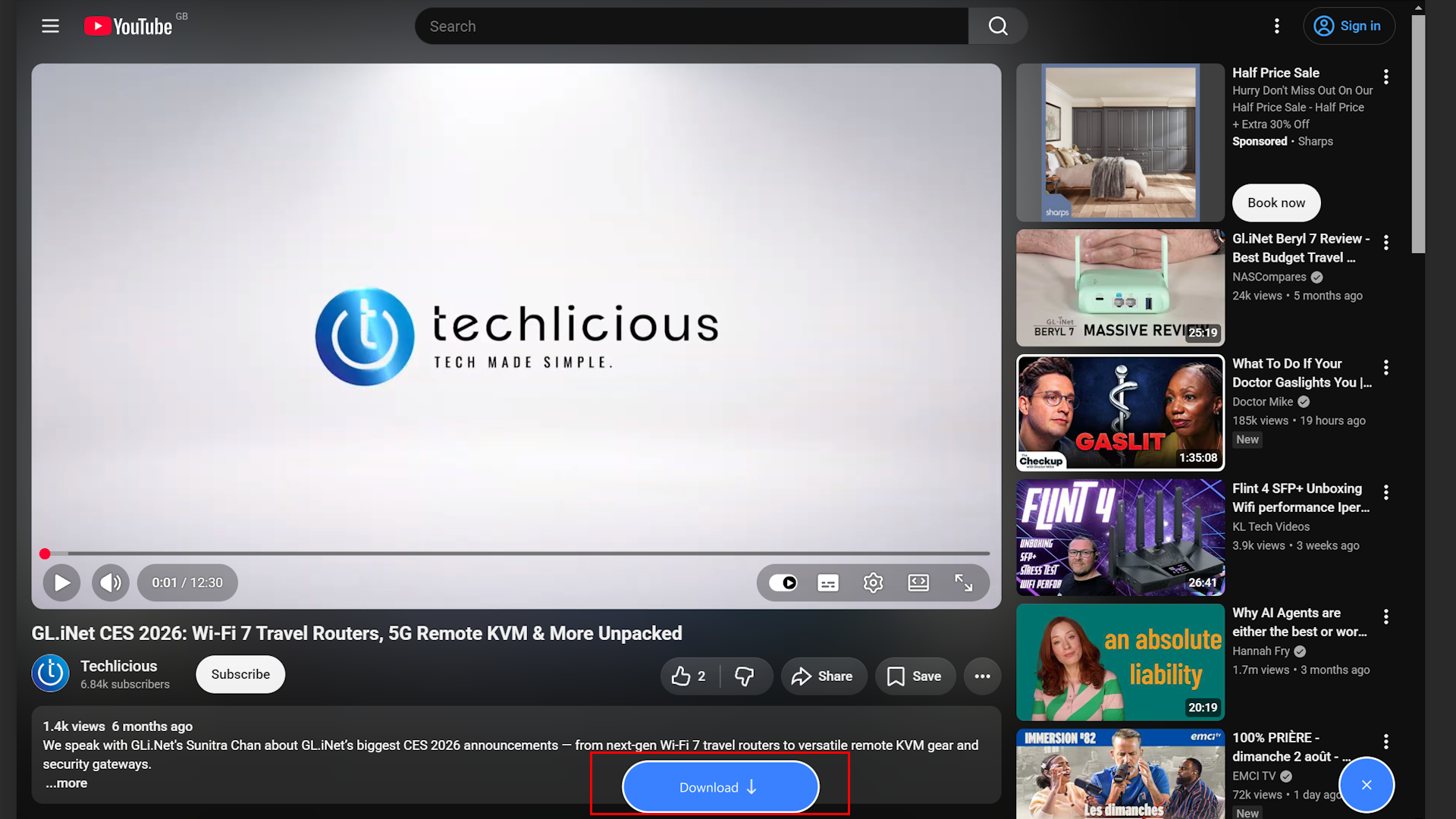 Showing 4K YouTube to MP3 download button on a YouTube video form Techlicious channel