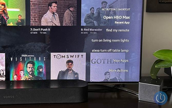 Screenshot of assigning user-programmable button. You can see options to Open HBO Max, find my remote, turn on living room lights, alexa turn off table lamp, Your Apps, and More Actions. 