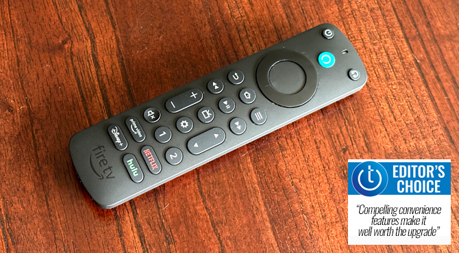 Amazon Alexa Voice Remote Pro with Techlicious Editor's Choice award and text: Compelling convenience features make it well worth the upgrade.  