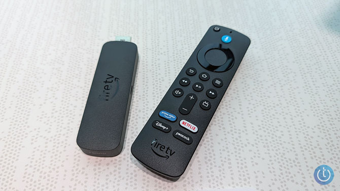 Aamzon Fire TV Stick 4k Select (on the left) with Remote control (on the right)