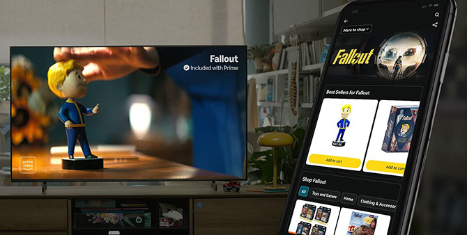 TV showing Fallout TV series with a phone show the Shop the Show page on the Amazon Shopping app.
