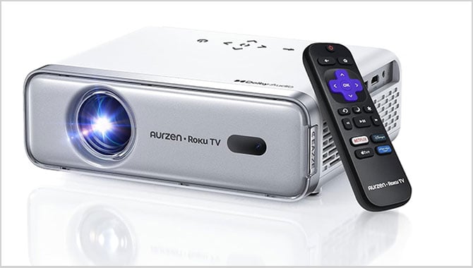 Photo of the aurzen portable projector with roku tv