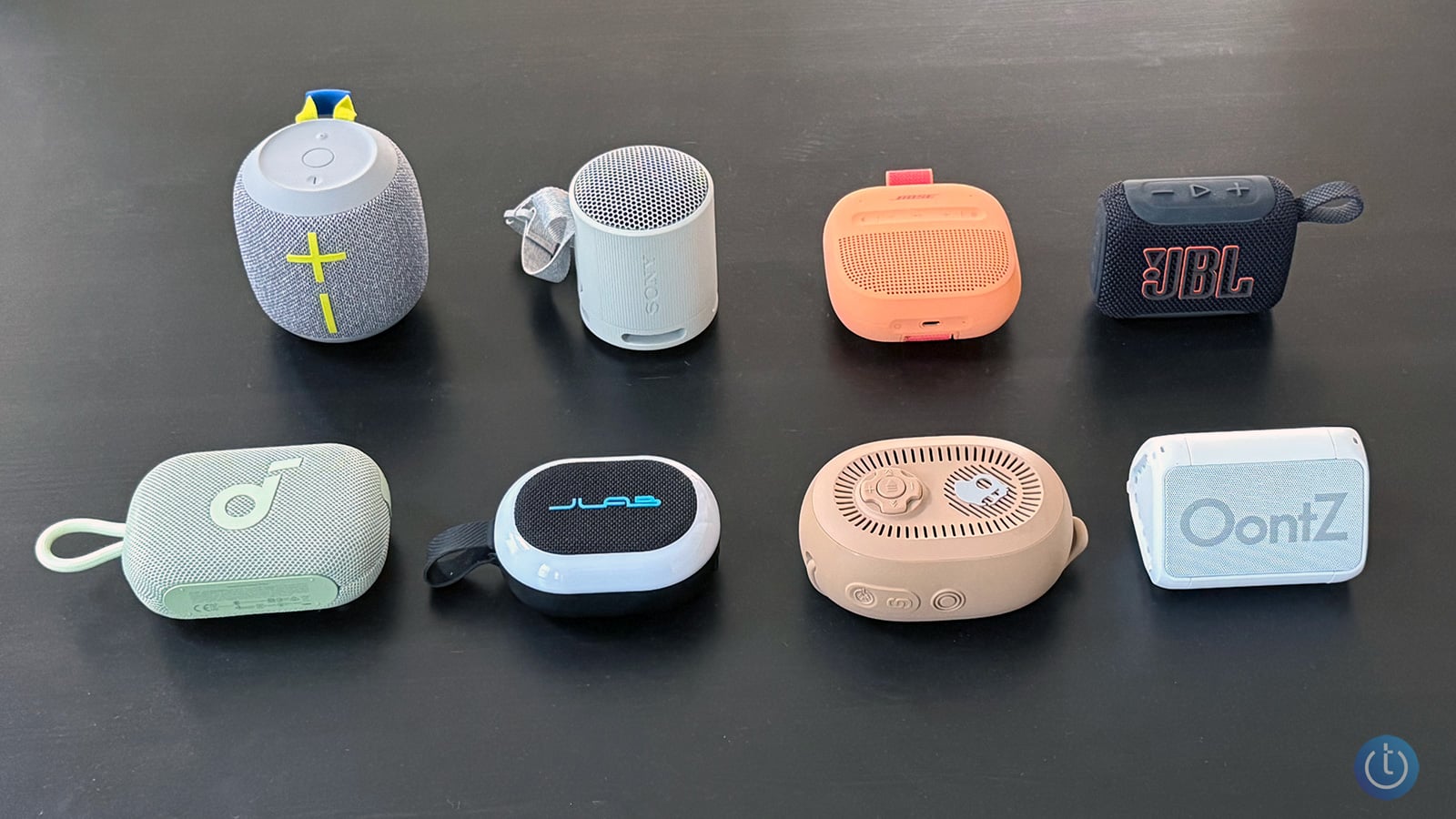 Top row from the left: Ultimate Ears Wonderboom 4, Sony SRS-XB100, Bose Soundlink Micro 2nd Gen, JBL Go 5; bottom row from the left: Soundcore Select 4 Go, JLab Pop Party, Skullcandy Session, 540, and OontZ Angle Studio 