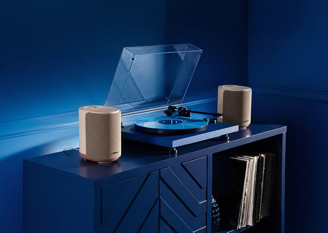 A pair of the Bose Lifestyle Ultra Speakers are shown here in Driftwood Sand.