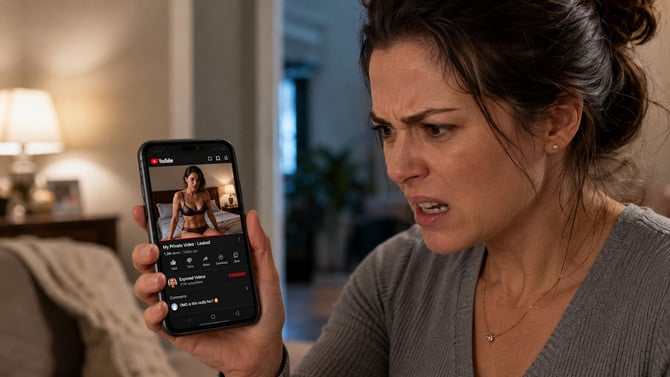 A concept image showing a woman angrily looking at a deepfake video of herself on YouTube. 