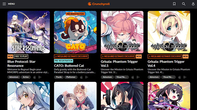 Screenshot of Crunchroll games page