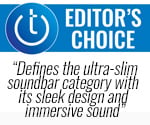 Techlicious Editor's Choice award logo with text: Defines the ultra-slim dounbar category with its sleek design and immersive sound.