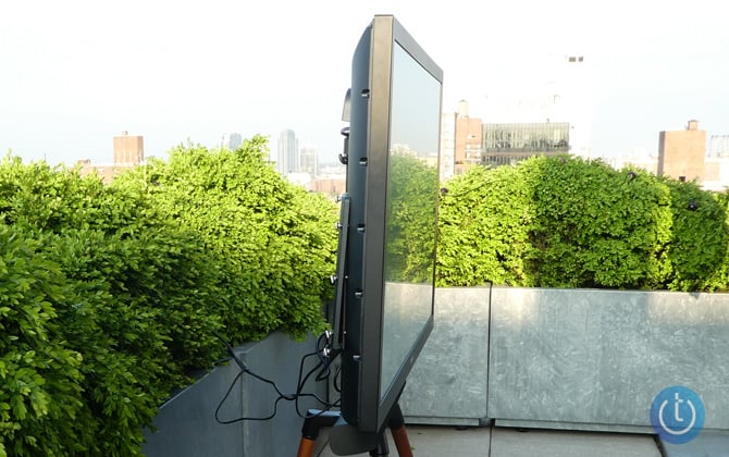 Element Patio Series Roku TV on a roof deck in New York City shown from the side.