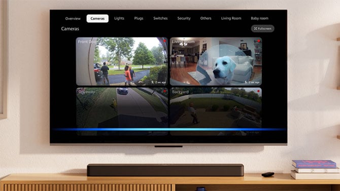 TV showing four Ring camera feeds