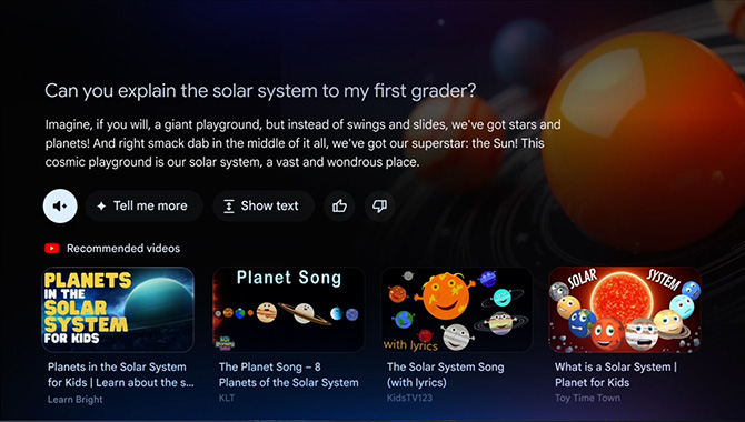 Results screen when asking Gemini on Google TV to explain the solar system to a child