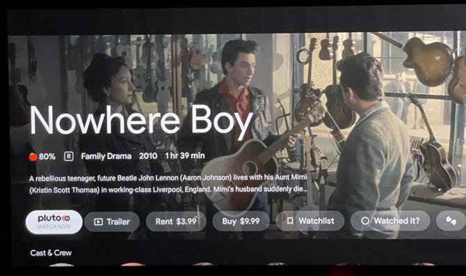 Screenshot of Google TV OS showing pricing for Nowhere Boy.