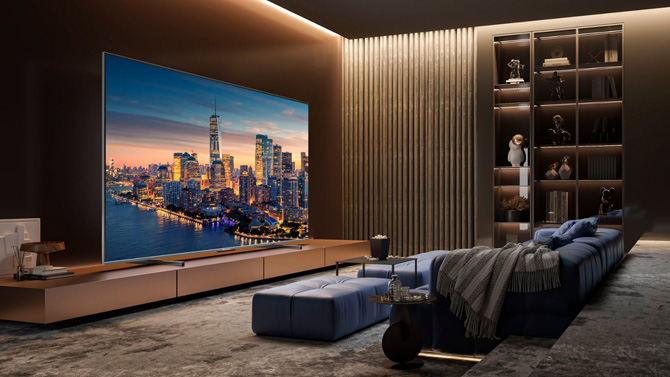 Hisense 100U76N 100-inch QLED 4K TV shown in a living room.