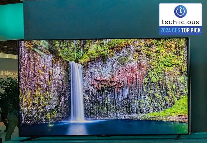 Hisense 110UX Mini-LED 8K TV with the Techlicious 2024 CES Top Pick award logo in the upper right corner