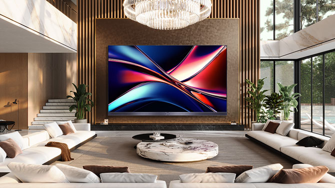 The 136MX is less a TV and more a cinematic statement, shown here in a gigantic entertainment room.