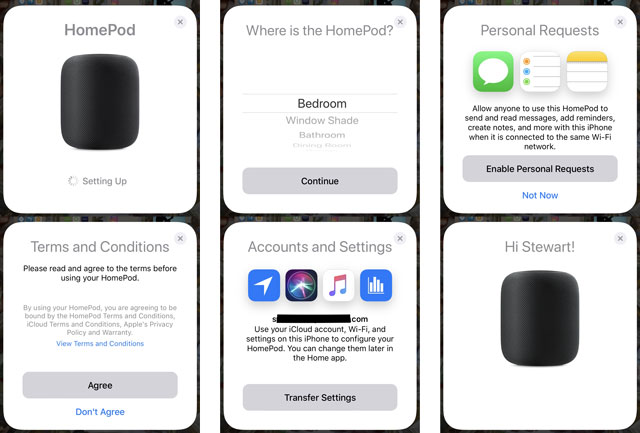 Apple HomePod set up screens