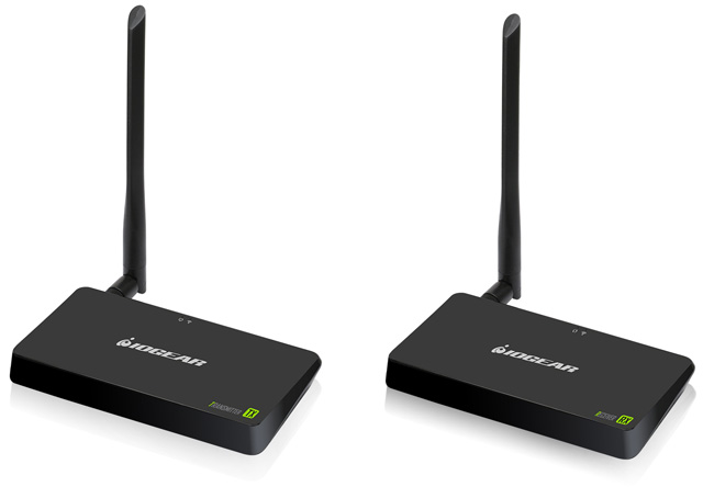 IOGEAR Wireless HD TV Connection Kit shown on white with the two transceiver units with the antennas sticking straight up.
