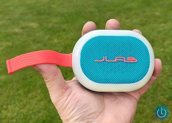 JLab Party Pop speaker held in hand for scale