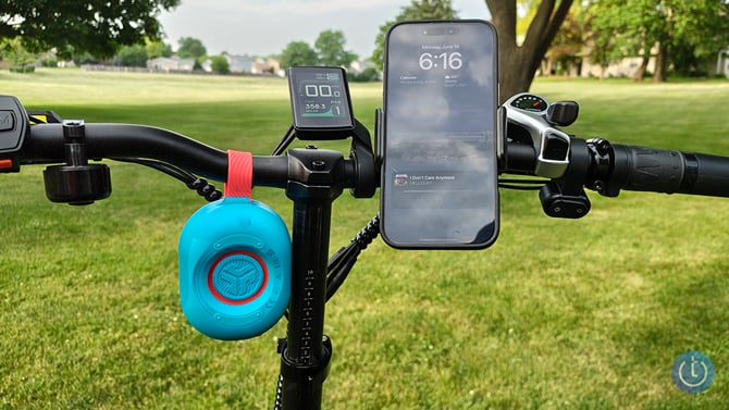 JLab Party Pop speaker attached to bike