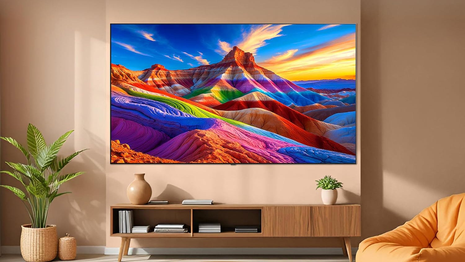 LG 65-inch B6 Series OLED 4K smart TV wall-mounted above a wood console, displaying a colorful mountain landscape.