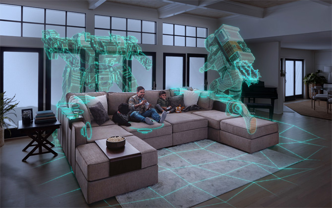 Father and son on Lovesac Sactional playing games with controllers. Ghosted mech warriors float above the sectional and you can see concentric rings indicating where sound is coming from. 