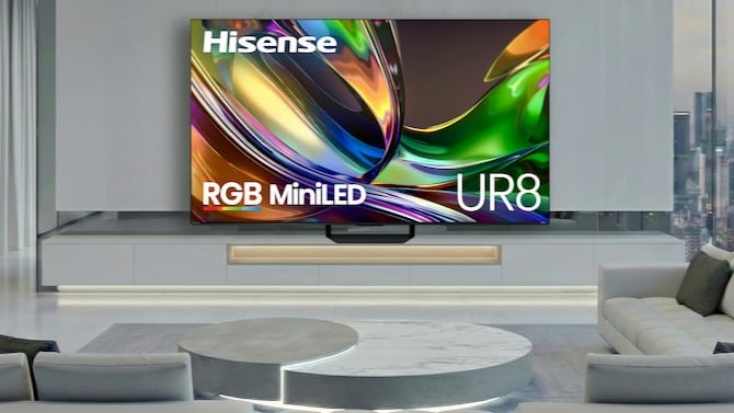 Photo of 116-inch Hisense TV with RGB MiniLED color technology hangiing on a wall in a swanky living room