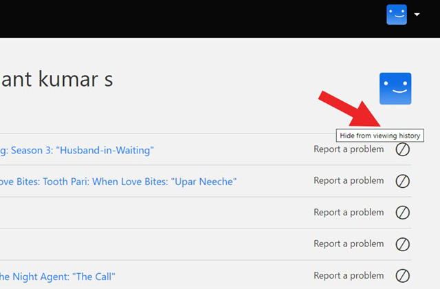 Cropped screenshot of Netflix Watch list with the option to hide from viewing history pointed out. 