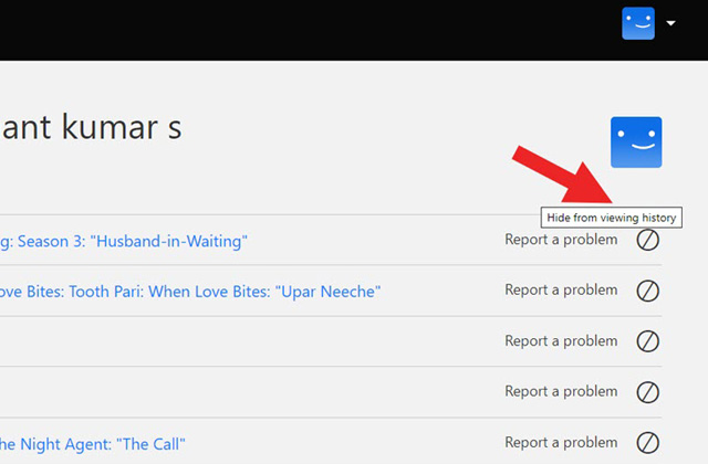 Cropped screenshot of Netflix Watch list with the option to hide from viewing history pointed out. 