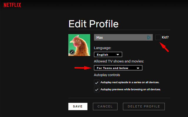 Netflix Edit Profile page