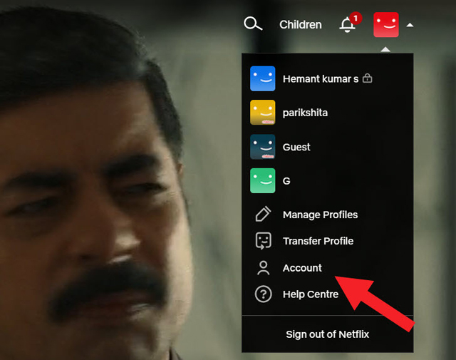 Screenshot of Netflix showing the menu when you click on the account profile picture. The Account option is pointed out in the menu. 