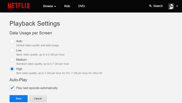 Nextflix video quality settings