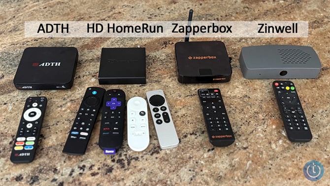 Group of tested NextGen TV boxes from the left: ADTH Next Gen TV Box Gen, Zinwell ZAT-600B, Zapperbox M1, and HD HomeRun Flex 4K,