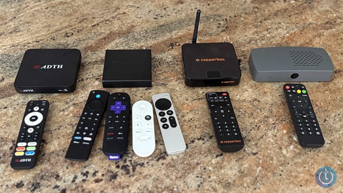Group of tested NextGen TV boxes from the left: ADTH Next Gen TV Box Gen, Zinwell ZAT-600B,  Zapperbox  M1, and HD HomeRun Flex 4K, 