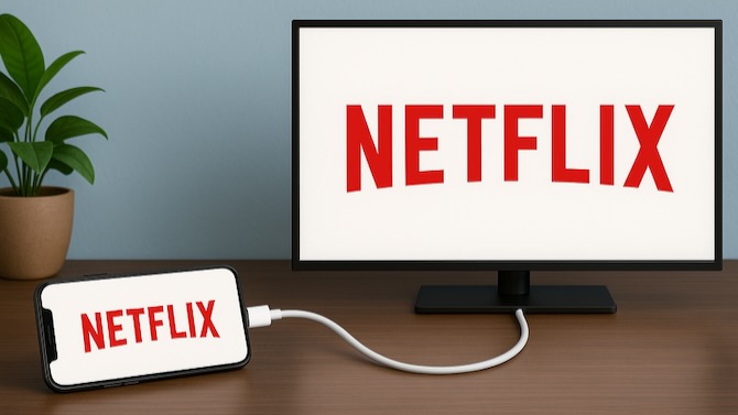 A cartoon of a smartphone attached to a TV. Both screens feature the Netflix logo.