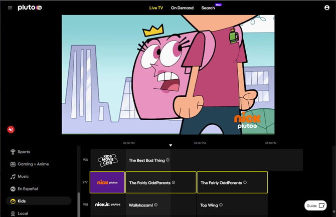 Pluto TV screenshot showing Fairly Odd parents and a programming grid under the show.