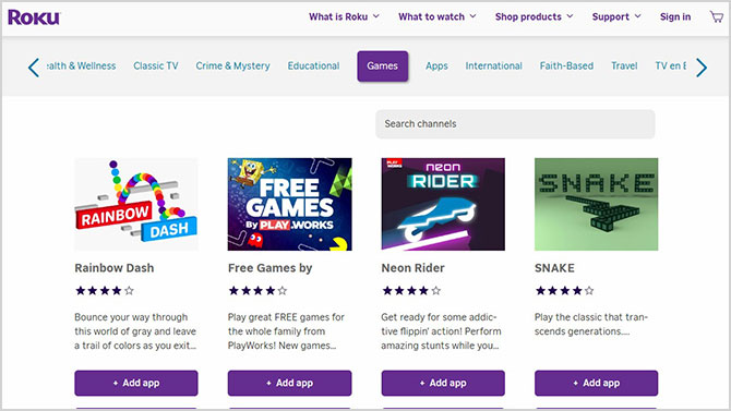 Screenshot of Roku Games apps