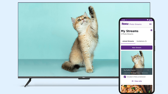 TV showing photo from Roku Photo Stream and the Roku app showing integration with Google Photos.
