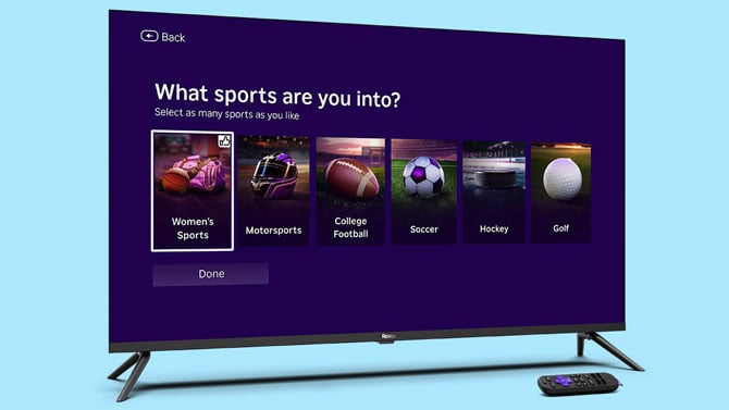 Roku interest questionnaireabout sports with options for women's sports, motorsports, college football, soccer, hockey and golf. 