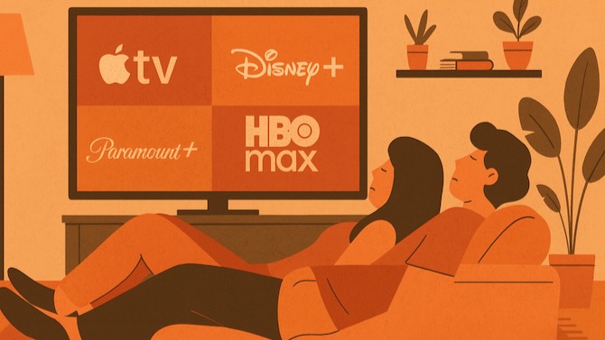 illunstration of mage of two people slouching on a couch watching streaming video on a large TV. Show from the side. reference the style of this image i am uploading, but switch to a warm color pallet.