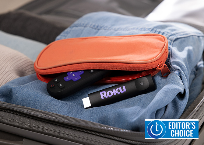 Roku Streaming Stick TV with remote control in bag. The Techlicious Editor's Choice Award logo is in the lower right corner.