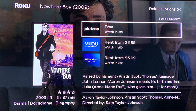 Screenshot of the Roku OS showing pricing for Nowhere Boy