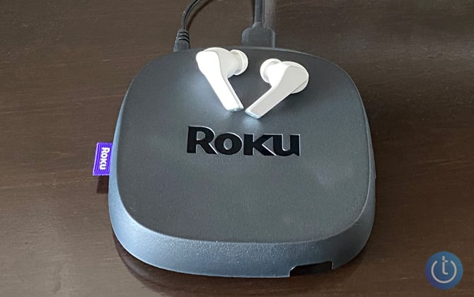 Roku Ultra shown with Lenovo Wireless earbuds