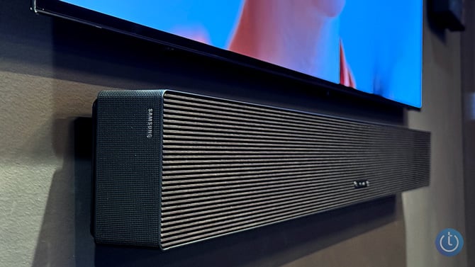 At just 2.71 inches deep, the Samsung HW-QS90H all-in-one soundbar will fit nicely under most TVs, whether it’s mounted or placed flat. 