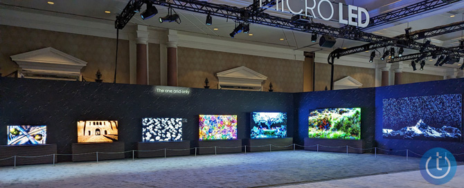 Samsung MicroLED TVs from the left in 50-, 63-, 76-, 89-, 101-, 114-, and 140-inch sizes.