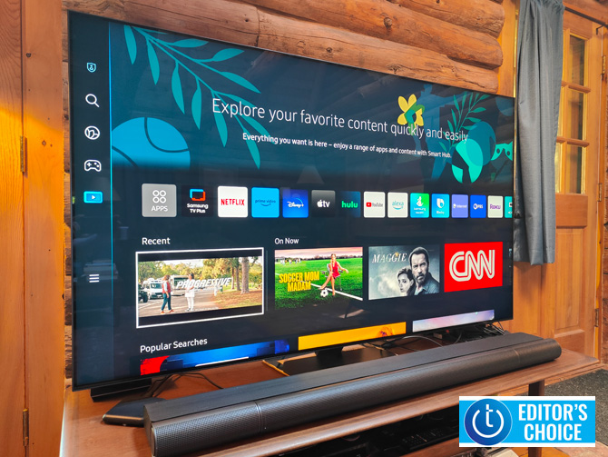 Samsung QN90C TV shown with the Techlicious Editor's Choice award